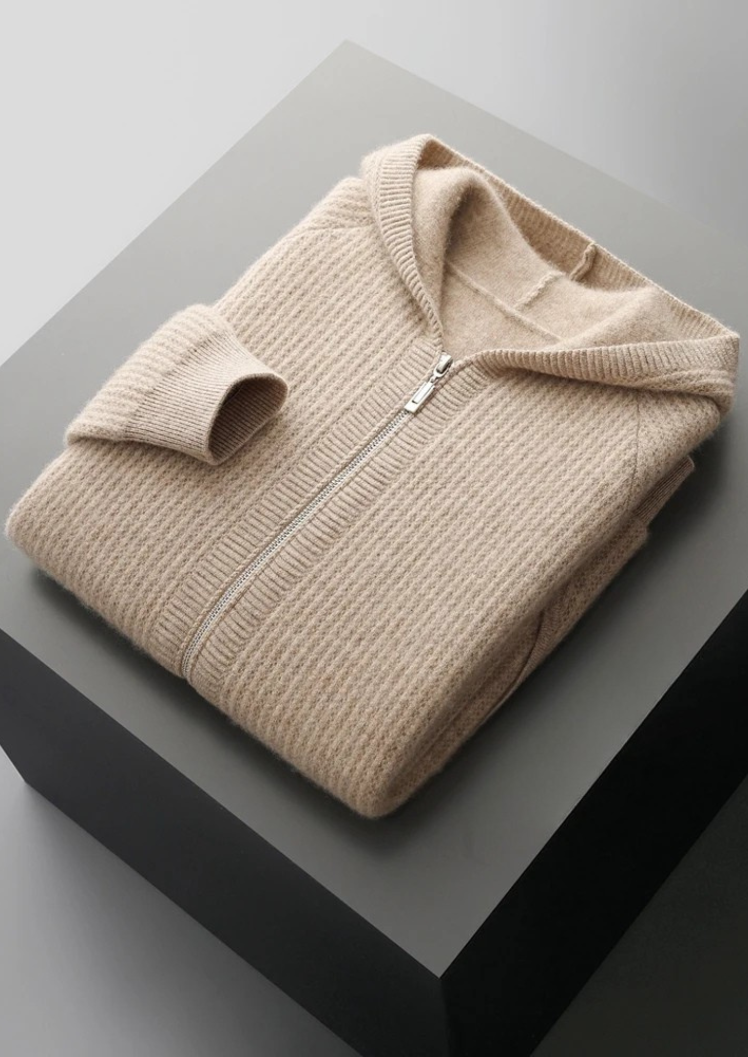 Merino Wool Ribbed Extra-Fine Hoodie With Zip