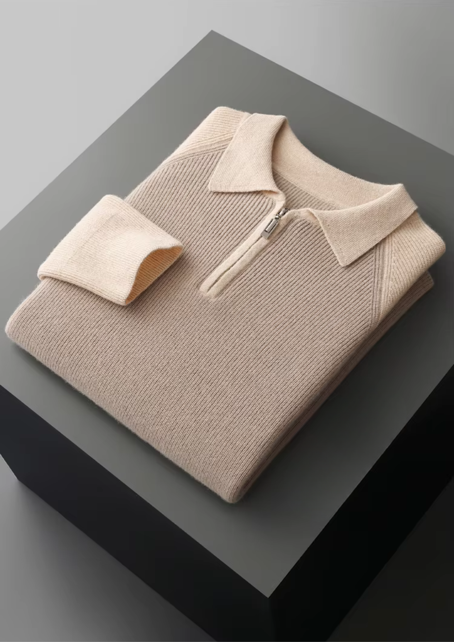 Two-Tone Zip Polo Sweater in Merino Wool Extra-Fine